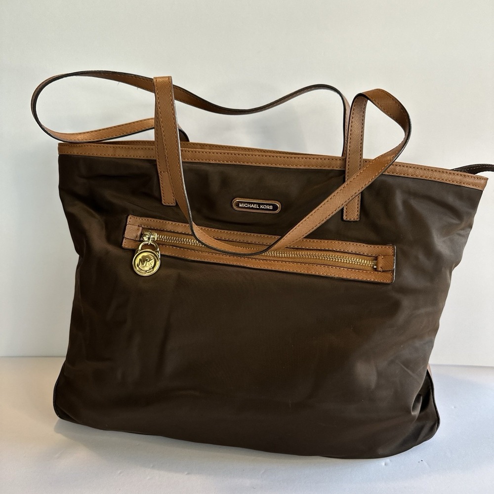 Michael Kors Brown Nylon Tote Bag Gold Hardware Leather Trim Shoulder Purse